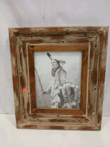 Rustic Distressed Wood Picture Frame with Black and White Native American Print, Approx. 22"x18"