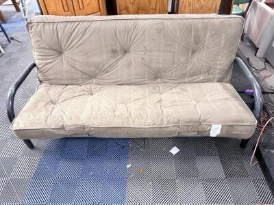 Metal Arm Beige Futon Sofa Bed, Fold-Flat Convertible, 72"x34", Seats 3, Tufted Microfiber