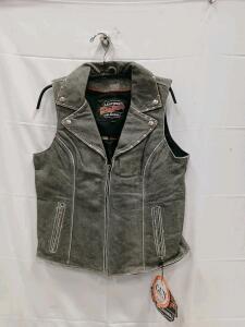 Papa&rsquo;s Leather Oklahoma Distressed Grey Full-Grain Leather Motorcycle Vest with Concealed Carry Pockets, Size Large(Sp-16)