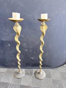 Pair of Cobra Motif Floor Candle Holders, Cast Metal with Patina, 36-42 Inches Tall