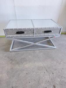 Modern Industrial Mirrored Coffee Table with X-Frame Base and Two Drawers, 47"x23"x17", Silver