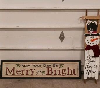 Christmas Wall Sign Set &ndash; "Merry and Bright" Plaque & Snowman Sled, Wood, Holiday Decor (Sp-16)