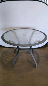 Round 48" Glass Top Outdoor Patio Table, Metal Frame, Umbrella Hole, Black