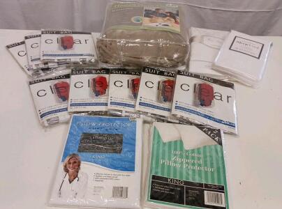 Mixed Lot: Aller-Ease Pillow Protectors, Richards Suit Bags, Fine Linens Pillowcases, Biddeford Heated Throw