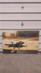 3-Panel Canvas Wall Art US Navy F/A-18 Hornet Landing on Aircraft Carrier at Sunset &ndash; 48" x 24" (sp-16)