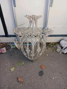 Ornate 6-Light Metal Chandelier, Aged Silver Finish, Floral Motif, 28"x22", Chain Mount