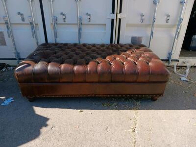 Chesterfield-Style Tufted Brown Leather Ottoman Bench, Deep Button & Nailhead Trim, 60"x30"