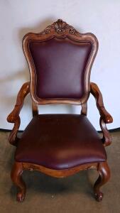 Ethan Allen Queen Anne Style Carved Wood Armchair Burgundy Leather Upholstery Ornate Legs