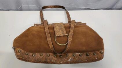 Donald J Pliner Embossed Leather & Suede Handbag with Brass Hardware