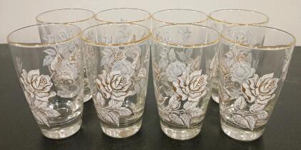 Libbey Safedge 8-Piece 12oz Rose Gold Rim Floral Tumblers in Original Box, Owens-Illinois USA