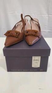 Prada 136718 Antic Buckle Bruciato Brown Leather Slingback Heels Size 7.5 US / 37.5 EU