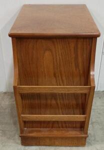 Oak Nightstand with Pull-Out Tray, Side Magazine Rack, Single Door Cabinet, Brass Hardware