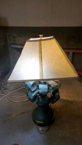 Decorative Metal Table Lamp with Sculptural Base and Fabric Shade, 26" Tall, Vintage Style