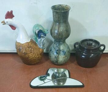 Mixed Lot: Black Ceramic Crock, Gourd Vase, Rooster Pitcher, Cowboy Hat Mirror