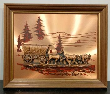 Framed Western 3D Wall Plaque by Jerry Lee, 1991 &ndash; Covered Wagon & Oxen, Lemmon SD