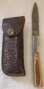 Handmade Damascus Folding Pocket Knife with Wood Handle and Leather Sheath