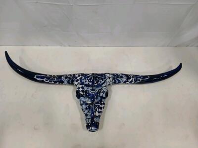 Handcrafted Talavera Ceramic Longhorn Steer Skull Wall Art, 38" x 18"