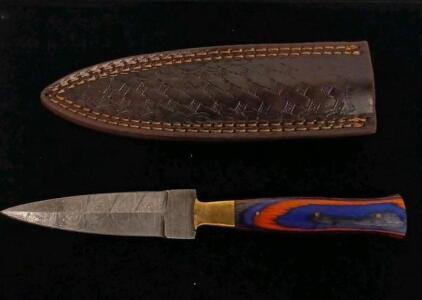Custom Fixed Blade Knife, Damascus Pattern Blade, Colorful Wood Handle, Leather Sheath, 7.5&rdquo;