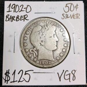 1902-O Barber Half Dollar, 90% Silver, New Orleans Mint, VG8 Grade
