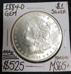 1884-O Morgan Silver Dollar, Uncertified, 90% Silver, 26.73g, 38.1mm Diameter