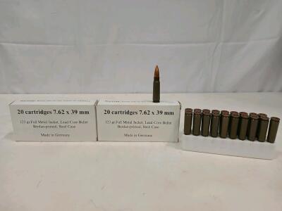 7.62x39mm FMJ 123gr, Steel Case, 20 Rounds per Box, Made in Germany Ammunition