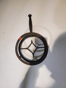 Antique Cast Iron Heat Diffuser with Geometric Diamond Grill, 10" Diameter, Rustic Handle