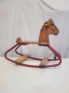 Vintage Radio Flyer Wooden Rocking Horse, Red Metal Frame, 32x14x19", Heavy Wear