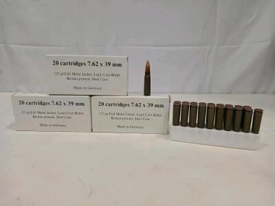 7.62x39mm FMJ, 123gr, Steel Case, Berdan-Primed, 20-Round Box, Made in Germany