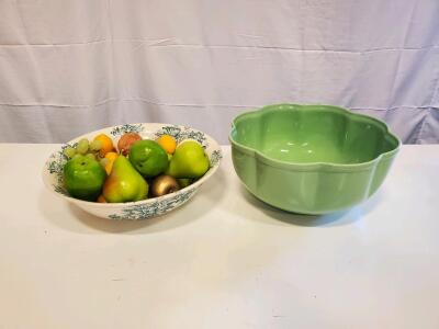 Lot of 2 Decorative Bowls &ndash; Transferware Floral Bowl w/ Fruit & Green Ceramic Bowl