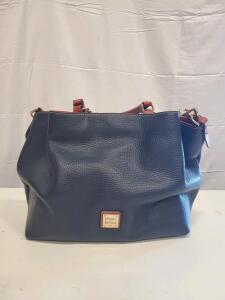 Dooney & Bourke Pebbled Leather Satchel, Navy Blue with Brown Accents, Dual Top Handles, Detachable Shoulder Strap