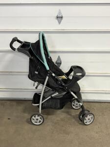 Graco Lightweight Stroller, Black/Aqua Trim, 5-Point Harness, Parent & Child Trays, 40 lb Capacity 27x19.5x40.5. Large Black Soft-Sided 4-Wheel Spinner Suitcase, Expandable, Telescopic Handle, 27"x18"x10"