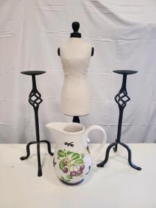 Large Hand-Painted Ceramic Pitcher, Botanic Motif, Approx. 2.5 Qt, 10.5" Tall, White Multicolor