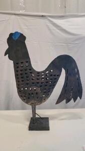 Large Metal Rooster Garden Art Sculpture, Rustic Yard Decor, 28" Tall Iron Folk Art with Base