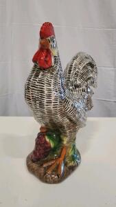 Large Hand-Painted Ceramic Rooster Statue, Glossy Glaze, 14&rdquo; Farmhouse Decor, Barred Rock Style