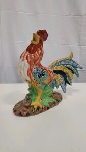Hand-Painted Ceramic Rooster Figurine 14" Multicolored Crowing Pose Folk Art Style