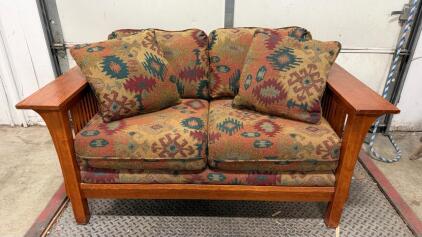 Mission Style Oak Loveseat with Slatted Arms & Southwest Patterned Cushions, 58"x34"x34"