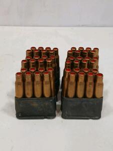 Surplus Military Live Rifle Rounds, Likely 7.62x54R, 40 Rounds with Stripper Clips, Red Wax Crimp
