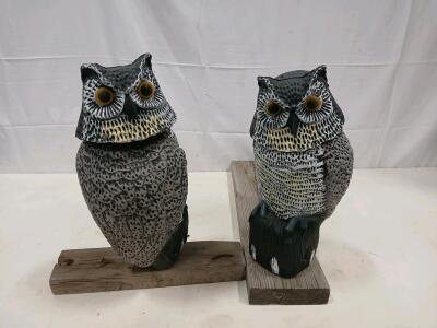 Owl Decoy Bird Deterrent with Wooden Base, 15" Tall, Grey/Black/Yellow Accents<br/><br/>(Sp-6)