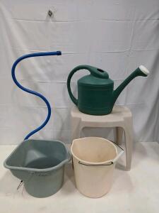 Mixed Lot: Plastic Watering Can, 2 Utility Buckets, 2 Tables, Flexible Hose, Gray Bucket Leaks<br/><br/>(Sp-6)