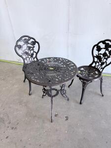 Black Cast Aluminum Floral Bistro Set &ndash; 24&rdquo; Table, 2 Ornate Rose Chairs, Outdoor, Umbrella Hole