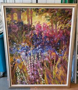 Original Oil Painting by Tricia May &ndash; Impressionistic Landscape with Foxgloves, Framed