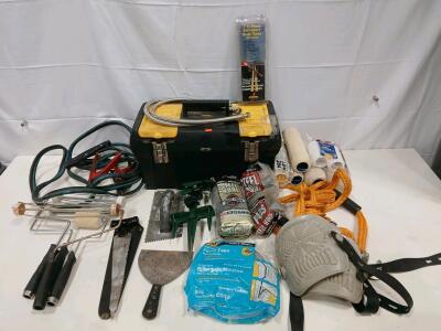 Stanley Toolbox Lot w/ Hand Tools, Valspar Paint Rollers, Jumper Cables, Orion Road Flares, Steel Wool(Sp-12)