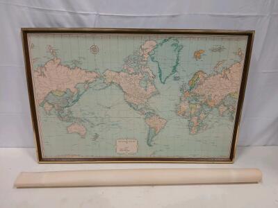 Framed Denoyer-Geppert "The World Travels Of" 48"x32" World Map & Unframed Cosmopolitan Map(Sp-6)
