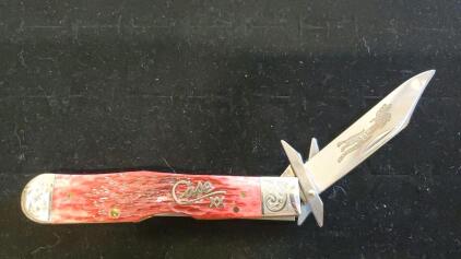 Case XX Red Jigged Bone Folding Pocket Knife, Clip Point Blade, Nickel Silver Engraved Bolsters
