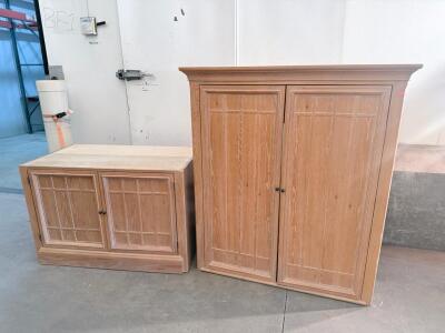 Thomasville Oak Media Cabinet & Tall Storage Cabinet Set, Shelves, Drawers, Power Cord 40 in W x 20 in D x 30 in H & 44 in W x 20 in D x 60 in H