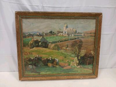 John A. Park R.O.I. "The Church in the Fields" Original Oil Painting, Signed, Framed, c.1930-50(Sp-6)