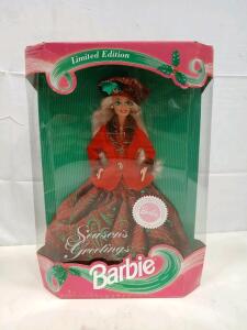 Season&rsquo;s Greetings Barbie Limited Edition Holiday 1996 Mattel 11.5" Doll, NRFB, UPC 074299258548