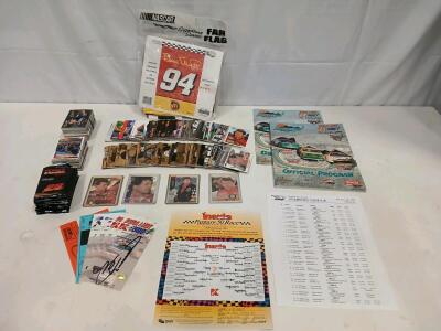 NASCAR Bill Elliott #94 1990s Trading Card Collection, Dura Lube 500 Programs, Signed Ticket, Flag