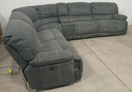 Gray Power Reclining Sectional Sofa, L-Shape, Microfiber, Cup Holders, Center Console, Seats 6, 10ftx11ft