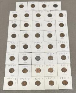 Lot of 40 Lincoln Wheat & Memorial Cents 1944&ndash;1971, Mixed Mints, 2x2 Holders, Hand Labeled